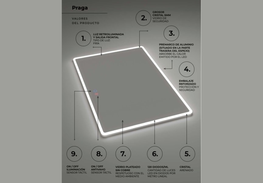 Miroir de salle de bain avec éclairage LED Praga Ledimex détail 7