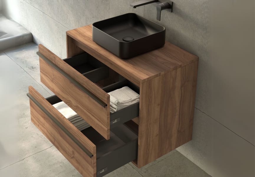 Meuble de salle de bains avec plateau en bois Candem Bruntec détail 3