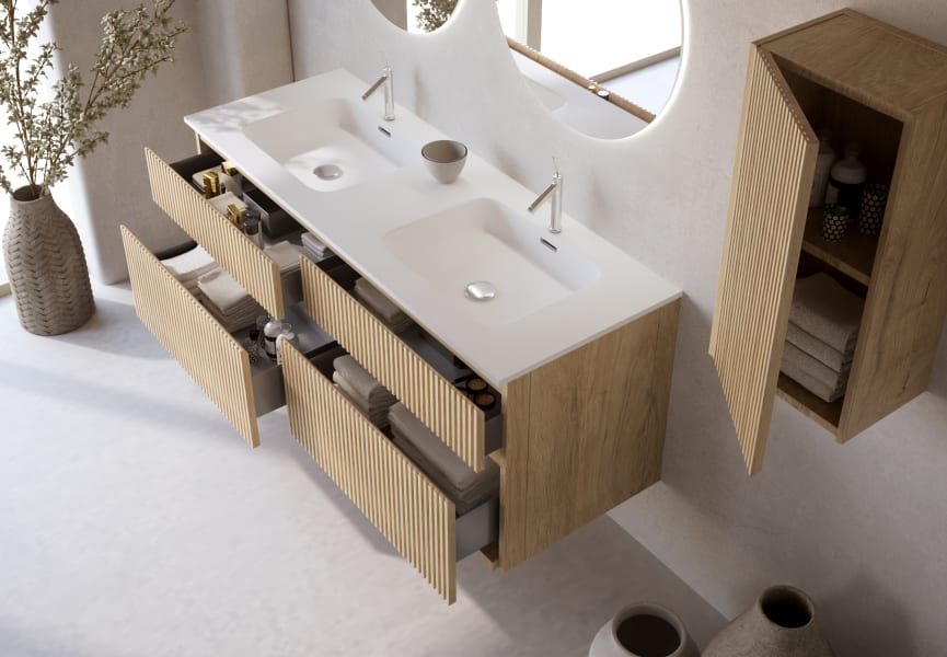 Ensemble de meubles de salle de bain en bois massif rainuré Alpes 7 Bruntec détail 3