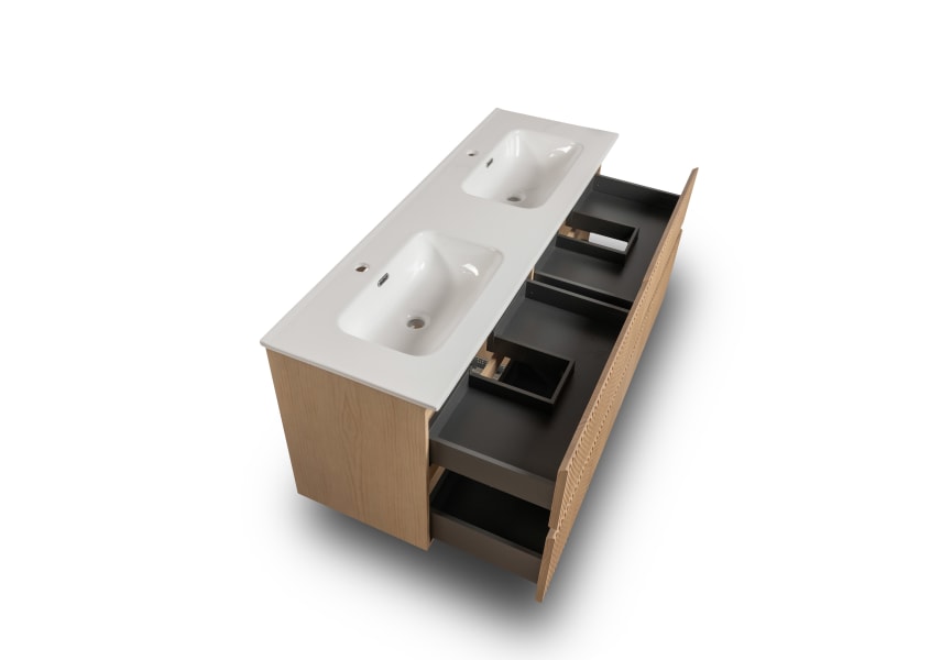 Ensemble de meubles de salle de bains en bois massif rainuré Alpes 7 Bruntec détail 5