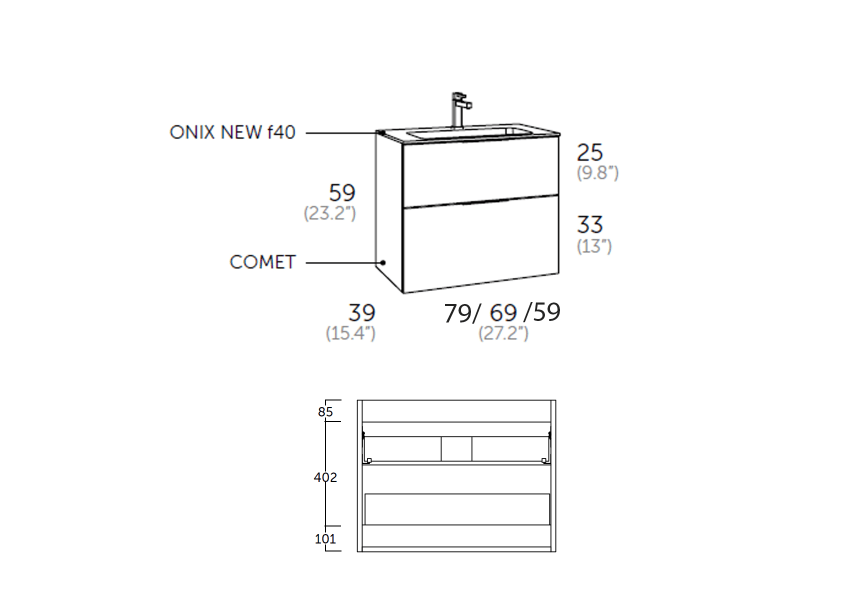 Ensemble meuble de salle de bain profondeur réduite 41cm Poignée chromée Comet Coycama croquis 4