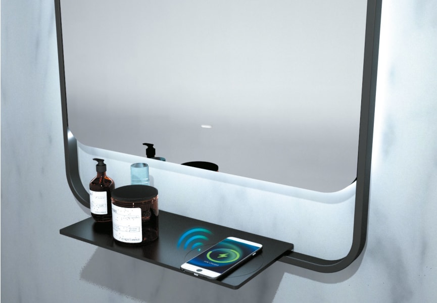 Miroir de salle de bain avec éclairage LED et chargeur de téléphone portable Concept Ledimex détail 1