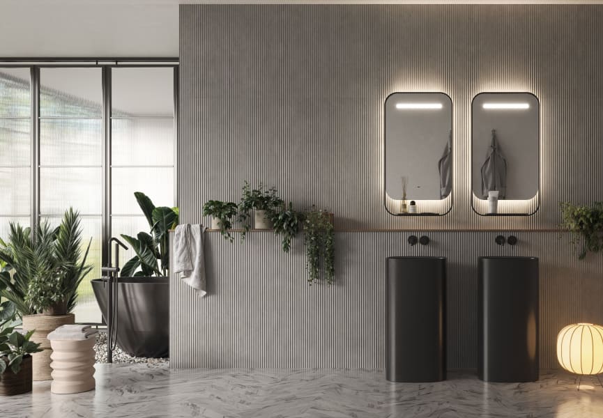 Miroir de salle de bain avec éclairage LED et chargeur de téléphone portable Concept Ledimex environnement 6