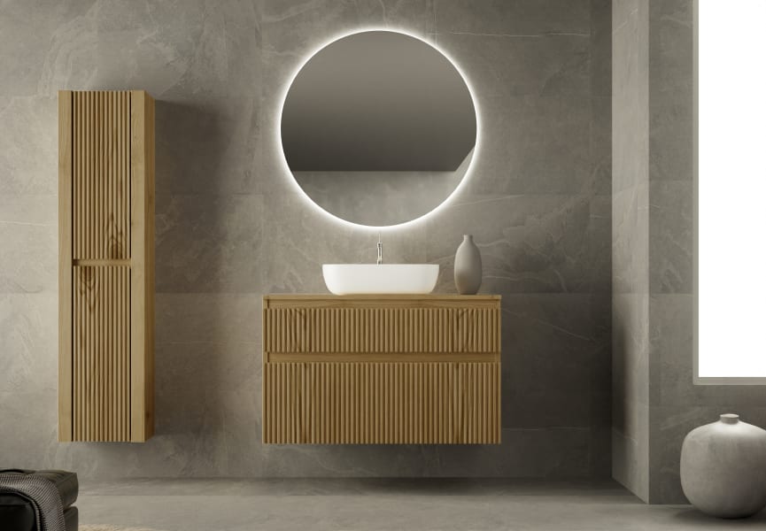 Meuble de salle de bains en bois massif sur mesure avec plan de toilette en bois Alpes 1 Bruntec détail 2