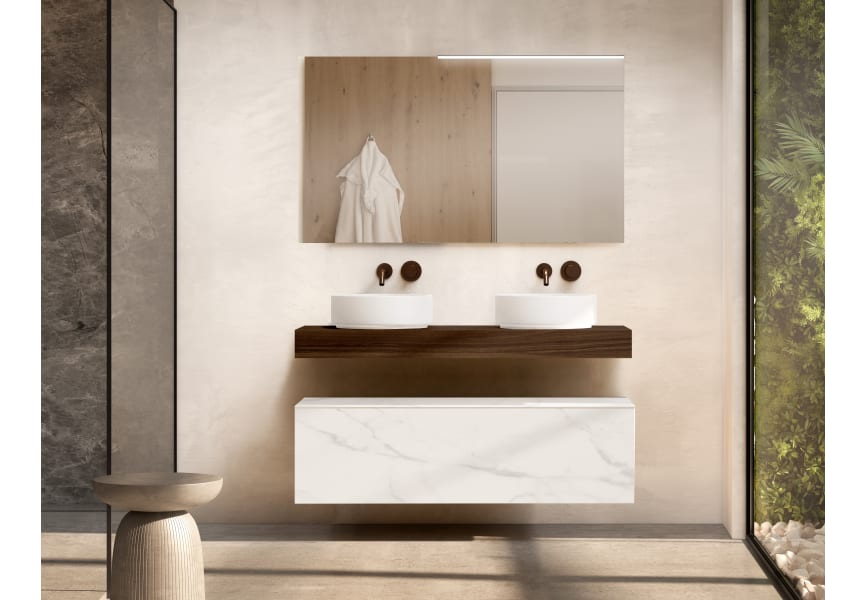Meubles de salle de bains avec plan de toilette en bois de 10 cm de hauteur, en coloris Valenti, avec commode Nomad Visobath principal 1