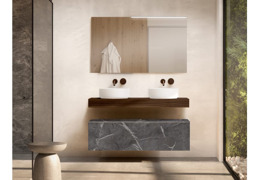Meubles de salle de bains avec plan de toilette en bois de 10 cm de hauteur, en coloris Valenti, avec commode Nomad Visobath principal 2