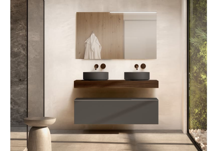 Meubles de salle de bains avec plan de toilette en bois de 10 cm de hauteur, en coloris Valenti, avec commode Nomad Visobath principal 3