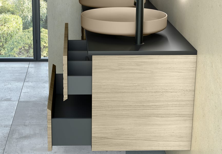 Meuble de salle de bains avec plan de toilette en microtec noir Kora Bruntec détail 4