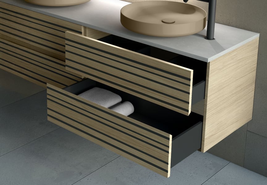 Meuble de salle de bains avec plan de toilette en microtec noir Kora Bruntec détail 3