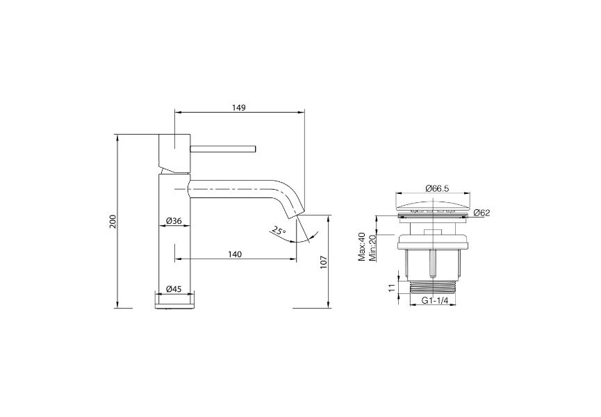 Pack Robinet de lavabo Imex Monza + bonde clic-clac + siphon rond exposé croquis 5