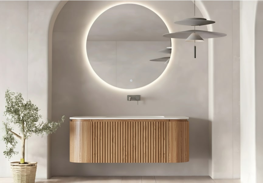 Ensemble meuble de salle de bain, plusieurs dimensions, en bois massif de frêne avec lavabo Solid Surface Evo Curve Bruntec principal 0