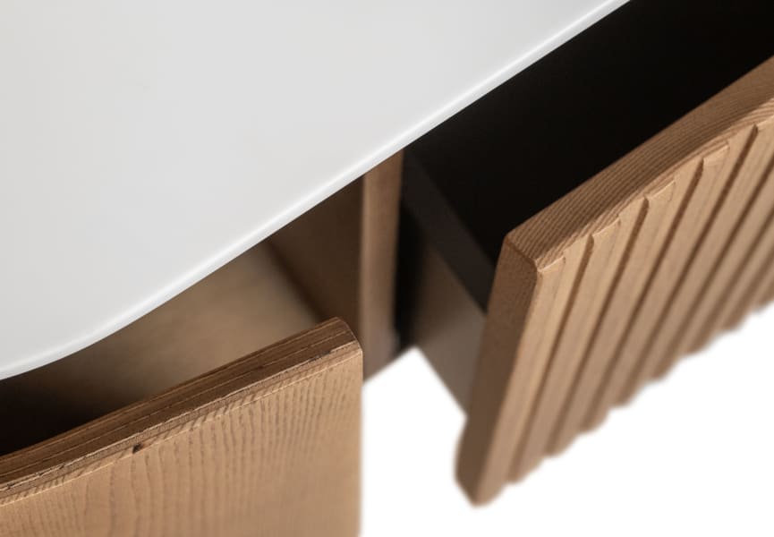 Ensemble meuble de salle de bain, plusieurs dimensions, en bois massif de frêne avec lavabo Solid Surface Evo Curve Bruntec détail 3