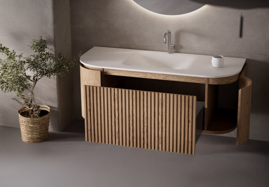 Ensemble meuble de salle de bain en frêne massif avec lavabo Solid Surface Evo Curve Bruntec détail 0