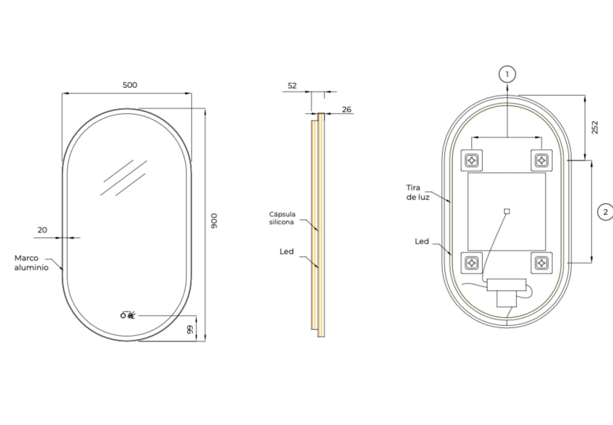 Miroir de salle de bain avec éclairage LED Milano Ledimex croquis 11