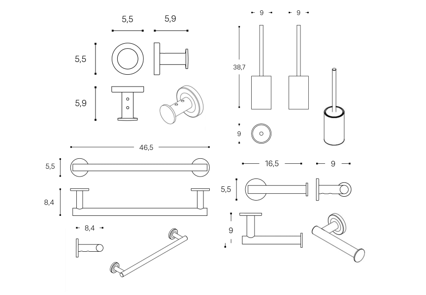 Ensemble d'accessoires de salle de bains Architect S+ Cosmic croquis 5