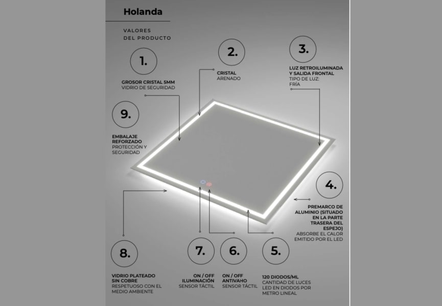 Miroir de salle de bains LED Holanda Ledimex détail 7