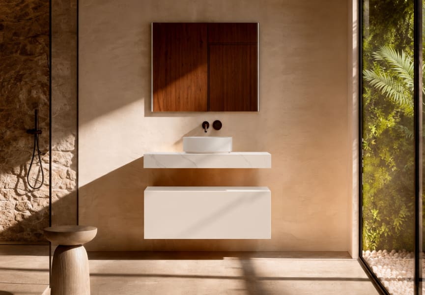 Meuble de salle de bains avec plan de toilette en HPL résine de 10 cm, finition en marbre « Cala », avec caisson « Nomade » de Visobath principal 4