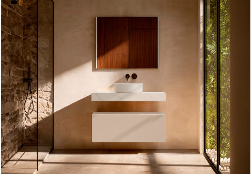 Meuble de salle de bains avec plan de toilette en HPL résine de 10 cm, finition en marbre « Cala », avec caisson « Nomade » de Visobath principal 5
