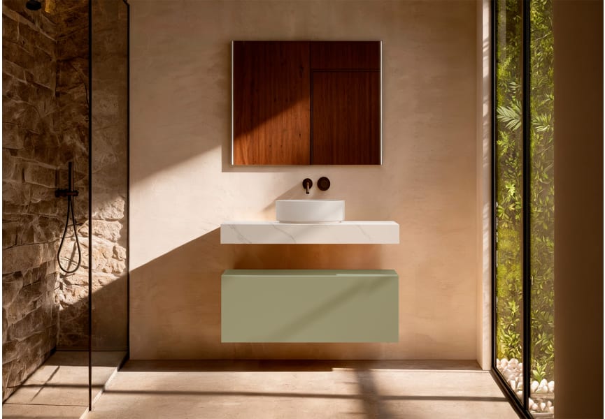 Meuble de salle de bains avec plan de toilette en HPL résine de 10 cm, finition en marbre « Cala », avec caisson « Nomade » de Visobath principal 6