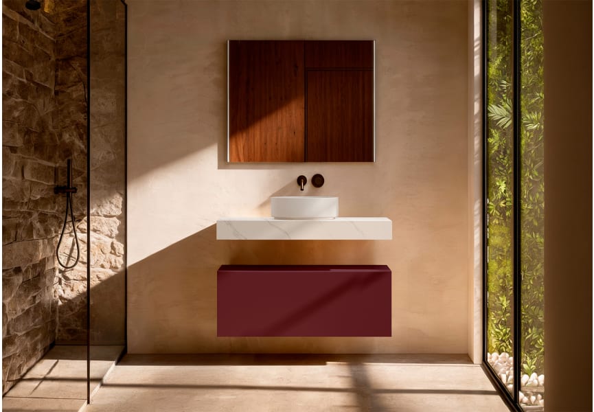 Meuble de salle de bains avec plan de toilette en HPL résine de 10 cm, finition en marbre « Cala », avec caisson « Nomade » de Visobath principal 11