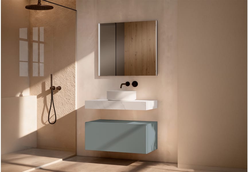 Meuble de salle de bains avec plan de toilette en HPL résine de 10 cm, finition en marbre « Cala », avec caisson « Nomade » de Visobath principal 7
