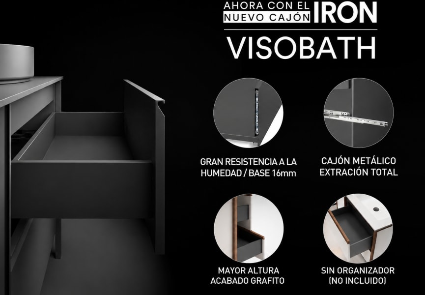 Meuble de salle de bains avec plan de toilette en HPL résine de 10 cm, finition en marbre « Cala », avec caisson « Nomade » de Visobath option 20