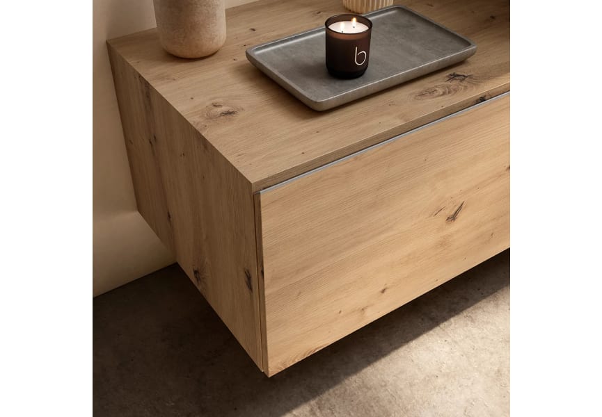 Ensemble de meubles de salle de bain avec plan de travail en bois de 10 cm de hauteur couleur marbre Cala avec tiroirs Nomad Visobath détail 6