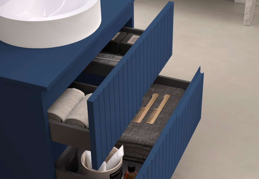 Meuble de salle de bains avec plan de toilette en pierre compacte colorée Ebi Bruntec couleurs détail 11