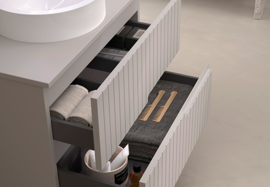 Meuble de salle de bains avec plan de toilette en pierre compacte colorée Ebi Bruntec couleurs détail 12