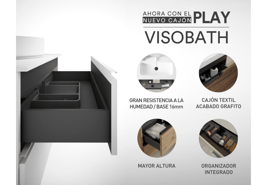 Ensemble meuble de salle de bain avec plan de travail en bois de 10 cm de hauteur et tiroirs Nomad monochromes Visobath détail 6