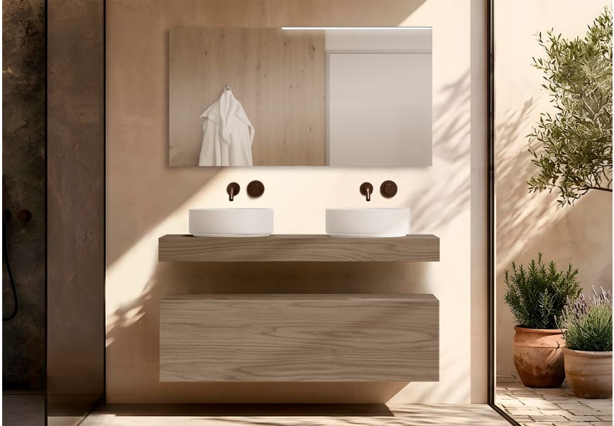 Meuble de salle de bains avec plan de toilette en bois de 10 cm de hauteur, monocolore Nomad Visobath principal 2