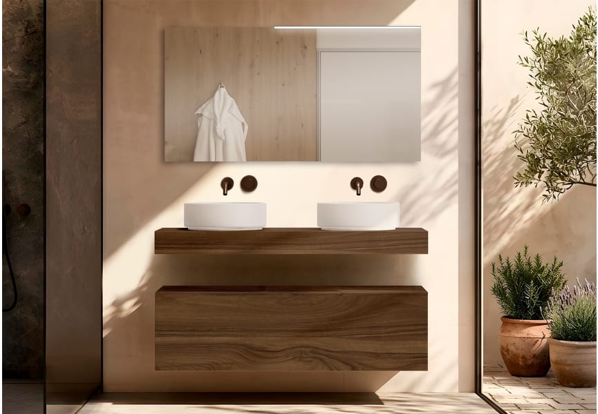 Meuble de salle de bains avec plan de toilette en bois de 10 cm de hauteur, monocolore Nomad Visobath principal 1