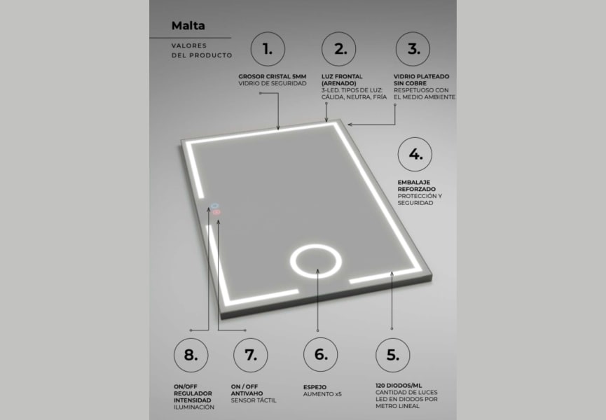Miroir de salle de bain avec éclairage LED Malta Ledimex détail 6