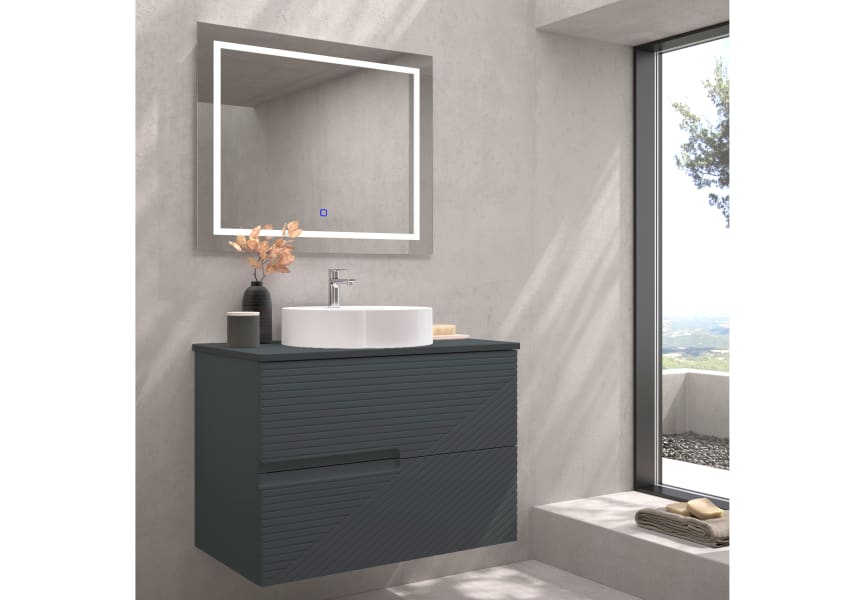 Meuble de salle de bains avec plan de toilette en pierre compactée de couleur Limo de Bruntec principal 4