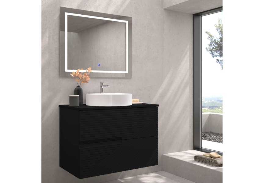 Meuble de salle de bains avec plan de toilette en pierre compactée de couleur Limo de Bruntec principal 3