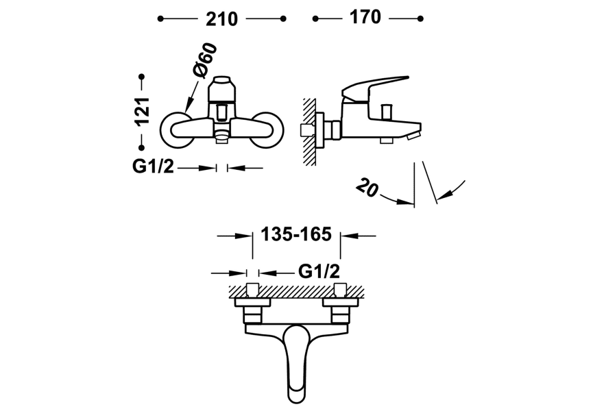 Robinetterie encastrée pour baignoire et douche Base Plus Tres croquis 2