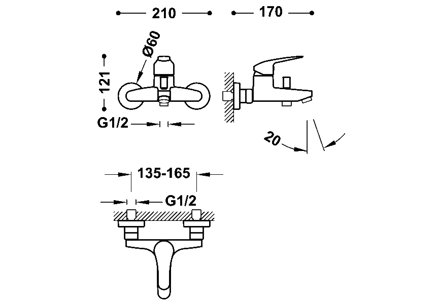 Robinetterie encastrée pour baignoire et douche Base Plus Tres croquis 1