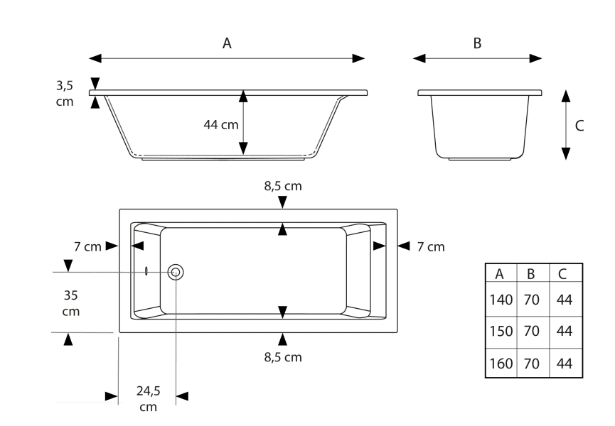 Baignoires à encastrer Ayora 1 Hidronatur croquis 2