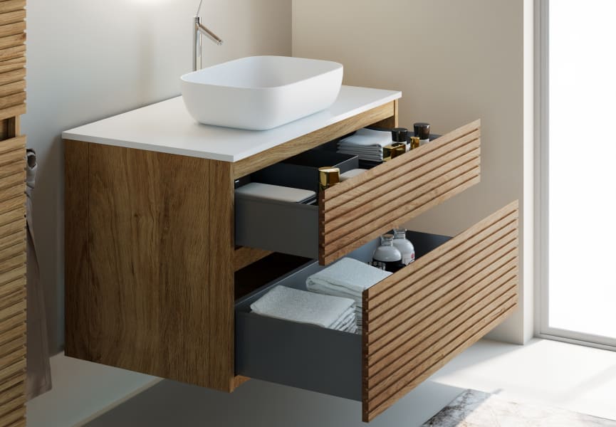 Meuble de salle de bain en bois massif avec plan de toilette Solid surface Alpes 5 Bruntec détail 2