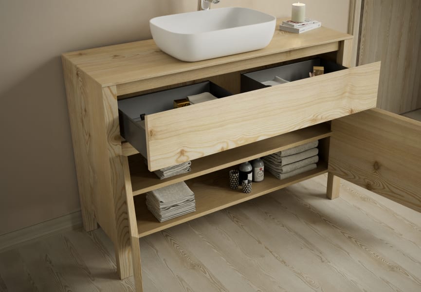 Meubles de salle de bains avec plan de toilette en bois massif Laponia Bruntec détail 4