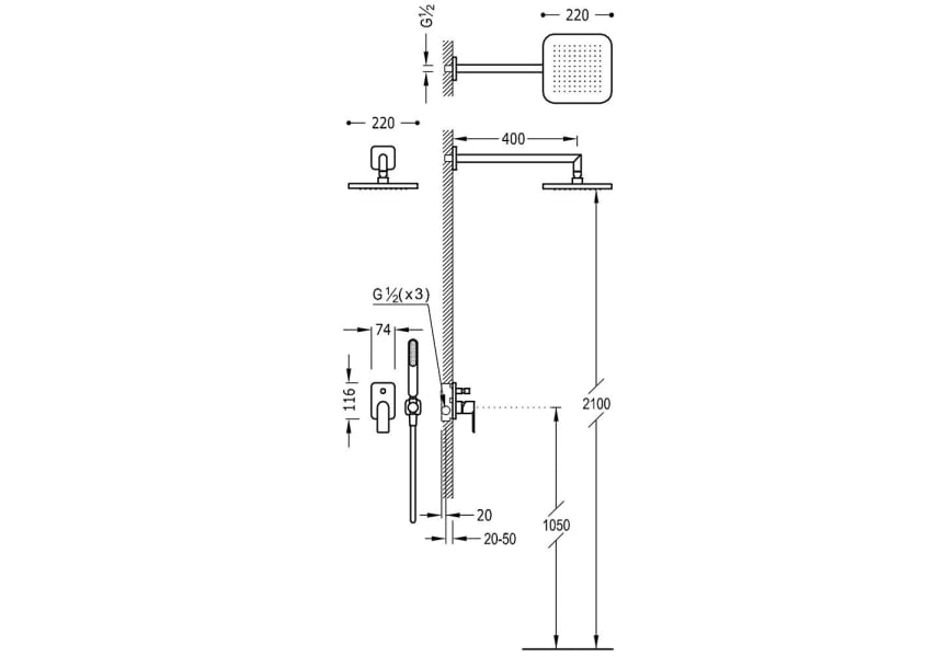 Loft Tres robinetterie de lavabo + ensemble de douche encastrée croquis 3