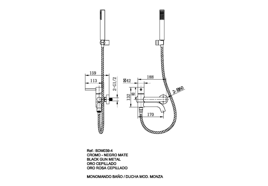 Robinet de douche et de baignoire Imex Monza croquis 11