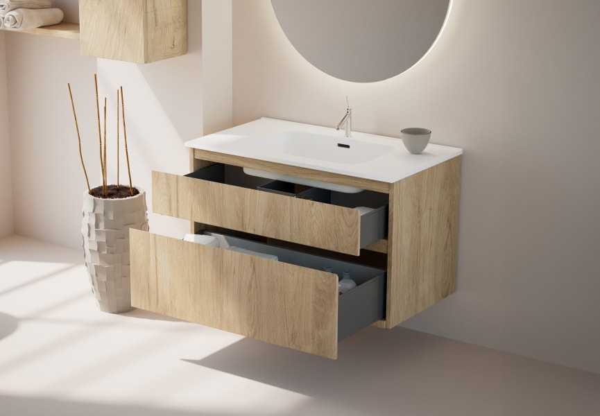 Ensemble de meuble de salle de bain en bois massif Alpes 17 Bruntec détail 2