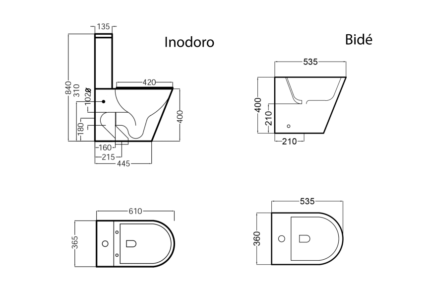 Pack mat toilette + réservoir de chasse + bidet Lisboa Bruntec croquis 4