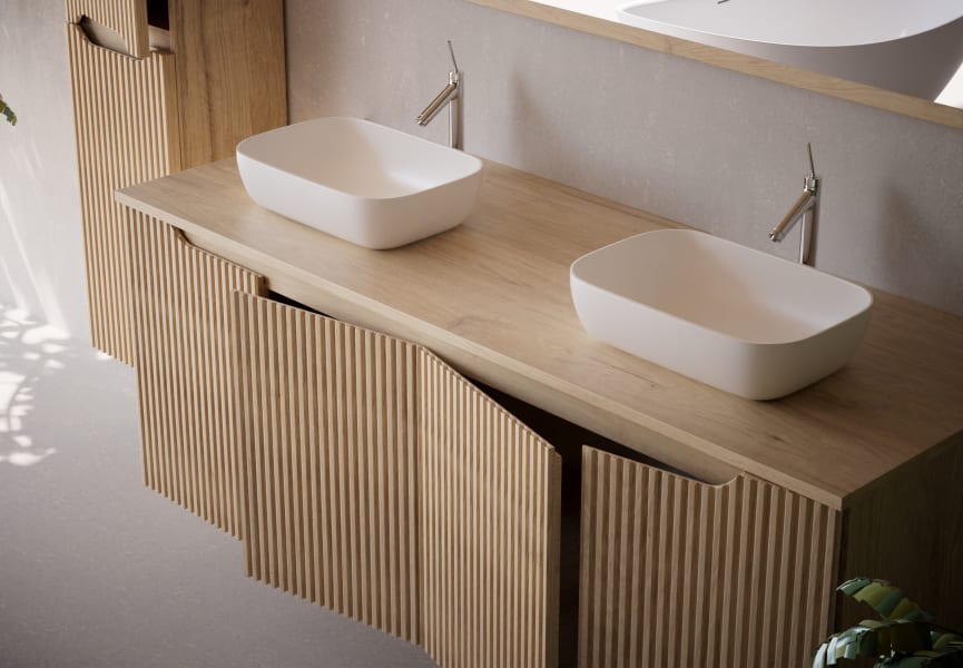 Meuble de salle de bains avec plan de toilette en bois massif Alpes 15 Bruntec détail 2