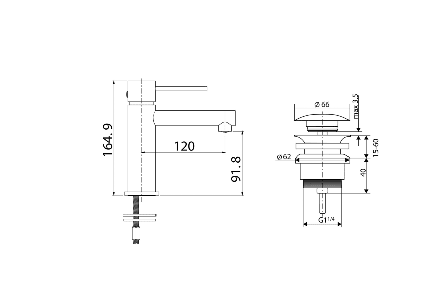 Robinet de lavabo Milos Imex + bonde click-clack croquis 8