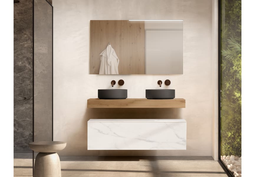 Meuble de salle de bains avec plan de toilette en bois de 10 cm de hauteur couleur chêne avec tiroirs Nomad Visobath principal 3