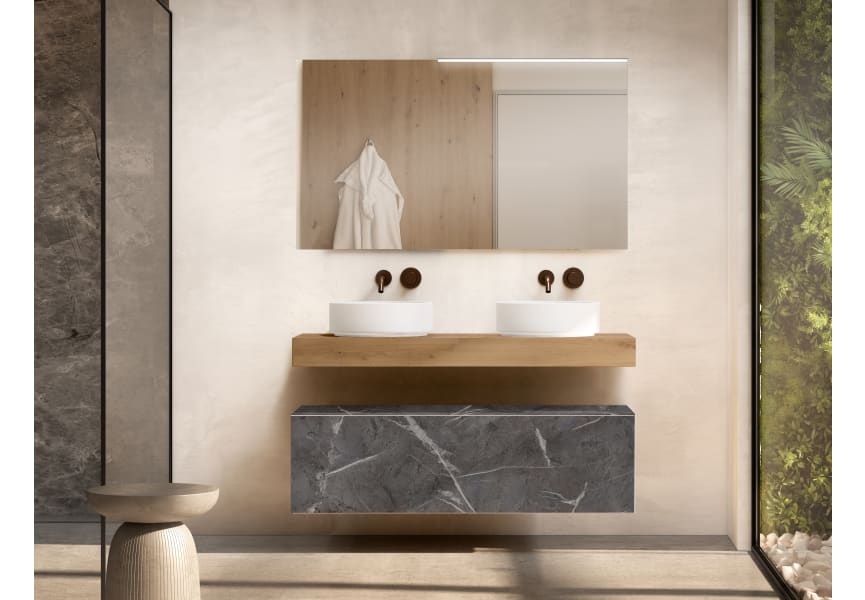 Meuble de salle de bains avec plan de toilette en bois de 10 cm de hauteur couleur chêne avec tiroirs Nomad Visobath principal 4