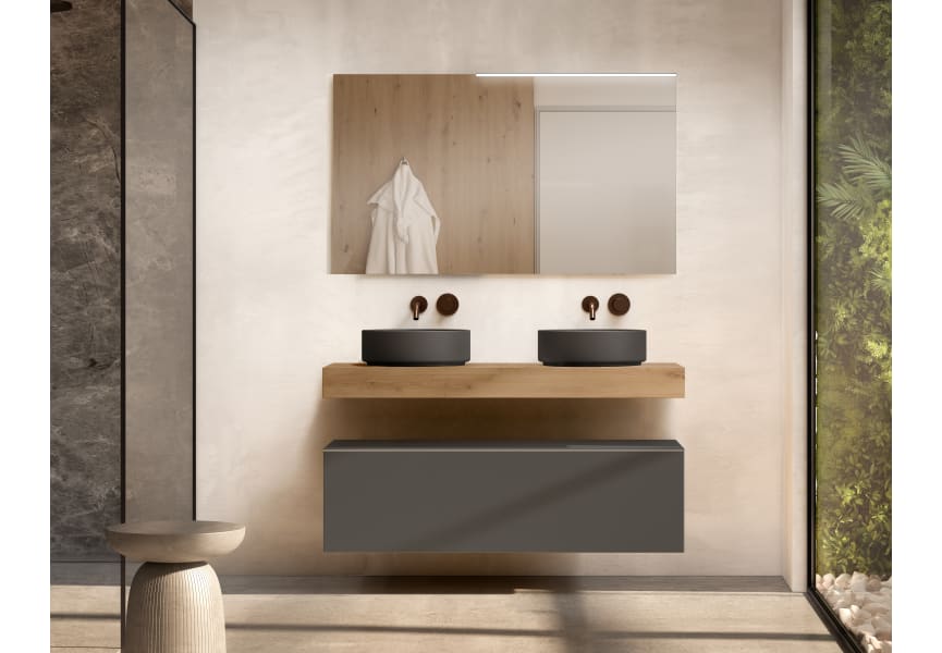 Meuble de salle de bains avec plan de toilette en bois de 10 cm de hauteur couleur chêne avec tiroirs Nomad Visobath principal 1