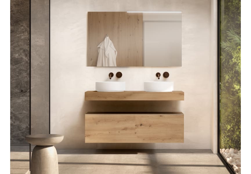 Meuble de salle de bains avec plan de toilette en bois de 10 cm de hauteur couleur chêne avec tiroirs Nomad Visobath principal 2